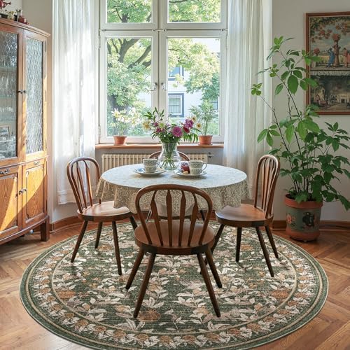 jinchan 7ft Round Rug Floral Vintage Washable Area Rug, Green by JINCHAN