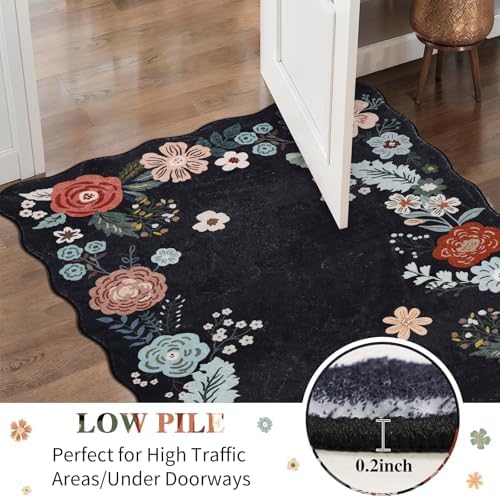 3x8 Runners for Hallways, Vintage Floral Kitchen Runner Rug with Non Slip Backing, Ultra Soft Water Resisitant Floor Mat for for Living Room, Entryway, Bedroom, Bathroom, Black - Image 5