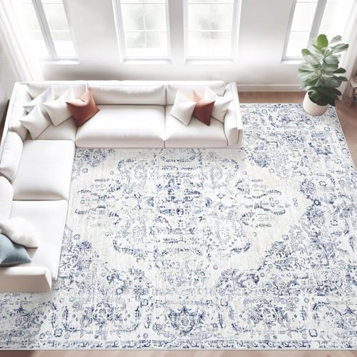 10x14 Area Rugs for Living Room: Washable Rug Vintage Large Rugs Soft Non Slip Low Pile Rug Floral Distressed Floor Carpet for Bedroom Nursery Dining Room Home Office (Blue,10'x14') by MXSANYOORUG