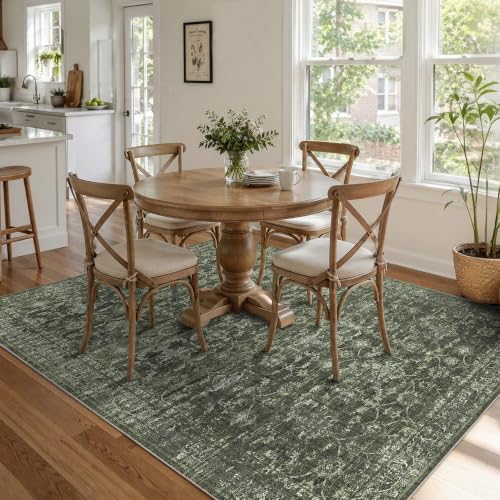5x8 Washable Bedroom Area Rug Non-Slip Retro Dark Green Throw Carpet - Image 4