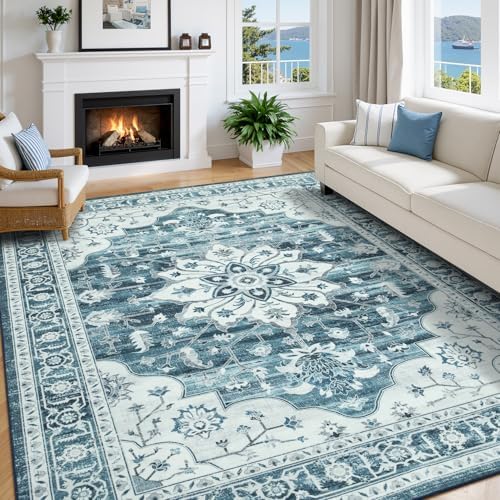 6x9 Washable Area Rugs for Living Room, Blue White Vintage Boho Rug - Image 3