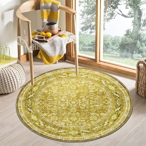 OPPODREAM Vintage Yellow Area Rugs 3' Round, Washable Rug for Living Room by OPPODREAM