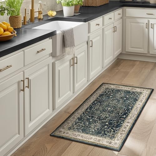 Vintage Distressed 2x3 Kitchen Rugs Washable Non Slip, Medallion Door Mat Indoor Entrance Entryway, Small Low Pile Rugs for Bedroom/Bathroom Vanity/Laundry Room, Midnight with Multi Accents - Image 3