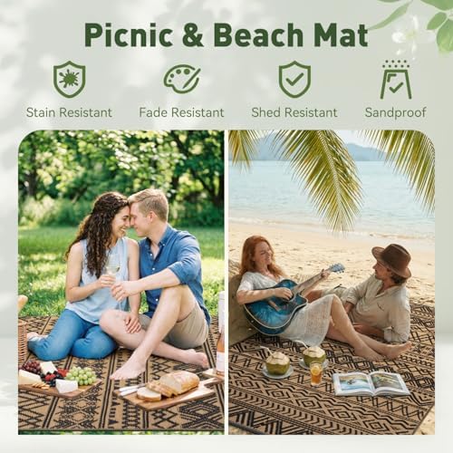 MontVoo Outdoor Rug Carpet Waterproof 9x12 Outdoor Patio Rug Mat Reverisble Plastic Straw Outdoor Rug for RV Camping Picnic Beach Balcony Boho Black Brown Large - Image 5