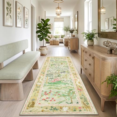 Long Runner Rug for Hallway 2x8 Whimsical Woodland Throw Runner Carpet Non Slip Stain Resistant Nursery Forest Runner Mat Washable Safari Animal Rugs for Living Room Kitchen Bedroom, Sage Green by Garvee