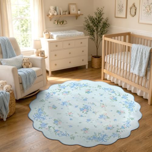 Wonnitar 4ft Blue Round Rug for Nursery, Bow Floral Small Circle Rug by Wonnitar