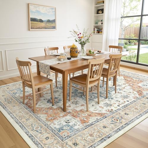 8x10 Area Rugs for Living Room, Boho Washable Rug Beige & Orange - Image 4