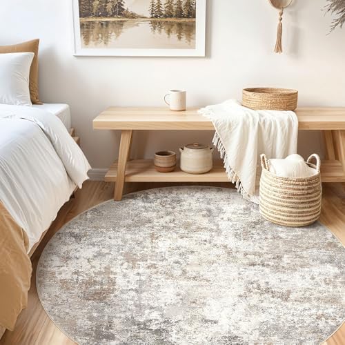 UERMEI 6ft Round Area Rug Living Room Rugs - 6x6 Washable Neutral Modern Abstract Soft Thin Rug Indoor Floor No Slip Rug Carpet for Bedroom Under Dining Table Home Office Decor - Brown Grey - Image 2