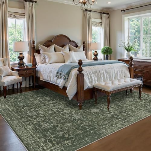 7x10 Washable Living Room Area Rug Soft Retro Dark Green Large Carpet - Image 3