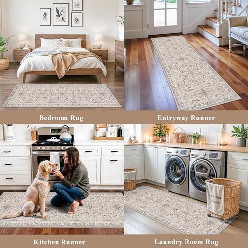 4-Piece Kitchen Rug Set with Runner – Washable Non-Slip Floor Mats for Sink, Entryway, Hallway, Bathroom – Soft Low-Pile Thin Boho Floral Rugs,Kitchen Decor (Beige, 2x3+2x4+2x5+2x6) - Image 3