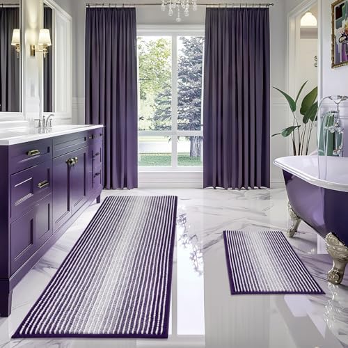 BSICPRO Bathroom Rugs Sets 2 Piece, Non Slip Striped Bath Mats, Mauve Wine by BSICPRO