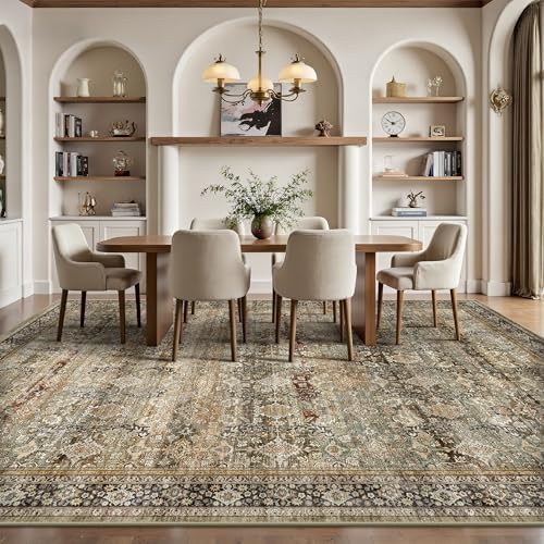 9x12 Area Rugs for Living Room - Washable Vintage Retro Large Rug, Soft Ultra Thin Non Slip Low Pile Traditional Distressed Boho Carpet for Bedroom Dining Room Home Office, Charcoal Olive - Image 4