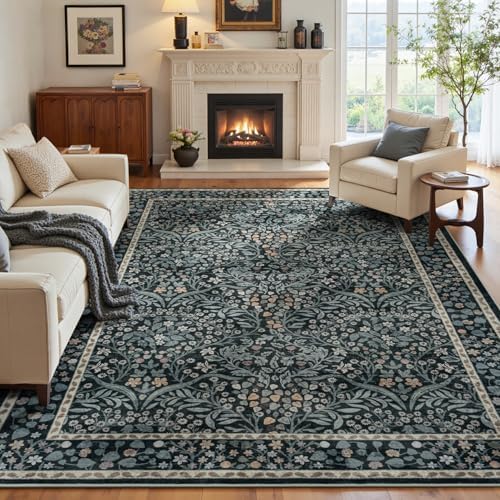Lofus Black Boho Floral Rug 9x12, Washable Large Living Room Area Rugs by Lofus