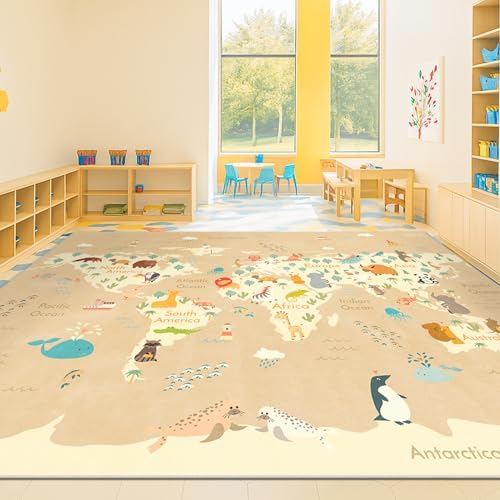 Hazo Haus Large Kids Rugs for Classroom - 6x9 Kids Room Rug with Animal & Educational World Map Area Rug - Washable, Non-Slip, Stain Resistant, Soft & Safe for Child, Playroom Essentials - Soft Beige by HazoHaus