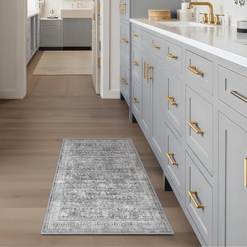 Grey Entryway Rug Indoor, 2x3 Small Door Rugs for Entry Way/Kitchen/Bathroom, Washable Non Slip Low Pile Thin Door Mat Indoor Entrance, Vintage Neutral Gray and Ivory Rug with Decorative Fringe - Image 3