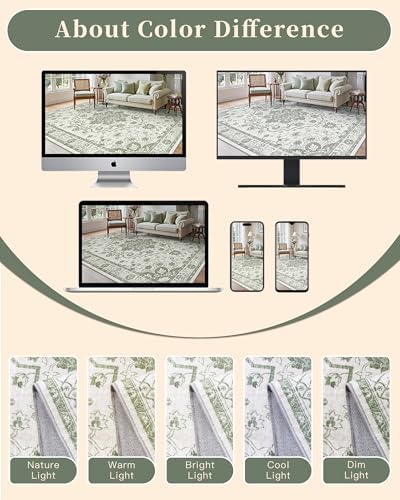 Madane 6x9 Area Rugs for Living Room, Washable Vintage Soft Rug Green/Ivory - Image 7