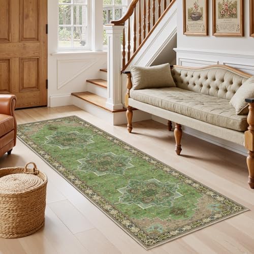 Amada Vintage Washable Area Rug,2'x6',Green by AMADAHOMEFURNISHING