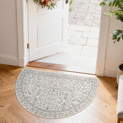 jinchan 2x3 Washable Half Circle Entryway Rug, Vintage Floral, Blue/Cream by JINCHAN