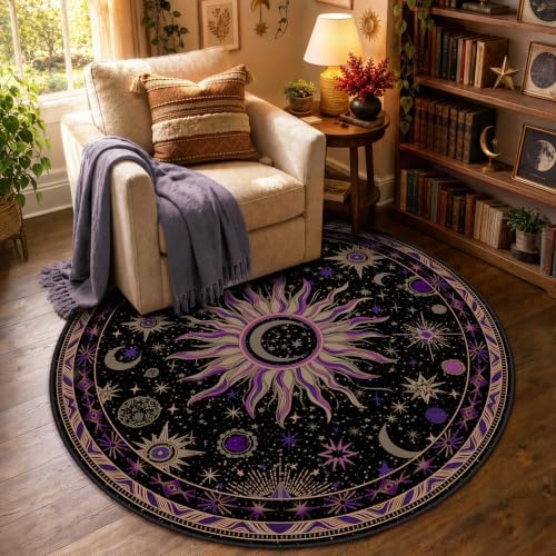 Vacuum-Friendly, Round 4ft Washable Area Rug, Black Purple Beige by meejou