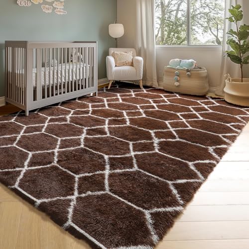 6x9 Area Rugs for Living Room Bedroom, Fluffy Brown and White Geometric Rug - Image 6