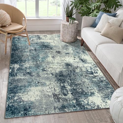 Lahome Abstract 5x7 Area Rugs for Living Room, Machine Washable Ultra Thin Bedroom Rug Non-Slip, Low-Pile Soft Modern Blue Grey Indoor Large Floor Carpet for Office Dining Room Playroom by Lahome
