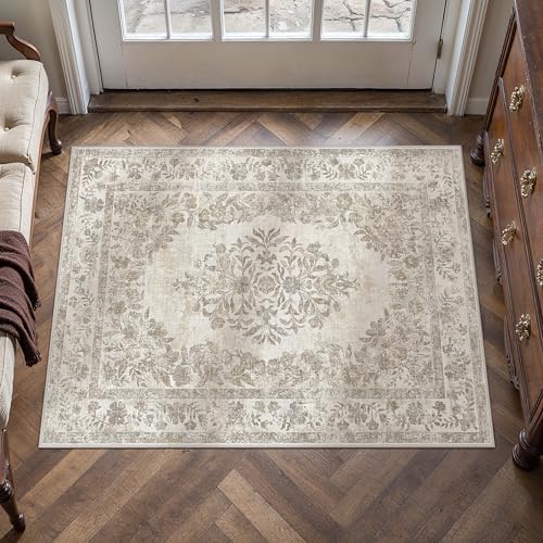 PureCozy 2x3 Washable Area Rug Entryway Cream Beige Vintage Doormat - Image 4