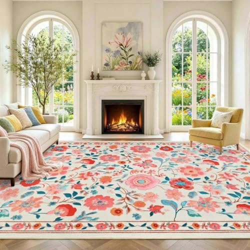 6x9 Ft Washable Area Rug for Living Room Beige Vintage Floral Carpet - Image 2