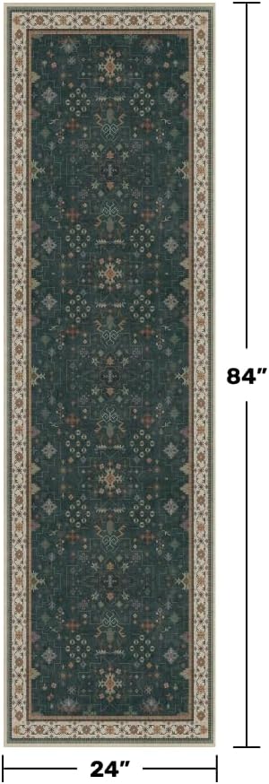 Hazo Haus Vintage 2x7 Washable Runner Rug Non Slip for Kitchen, Bathroom, Hallway - Low Pile Stain Resistant 7ft Long Runner Rugs - Victorian Eclectic Floral Pastel Home Decor (2x7 Dark Green) - Image 2