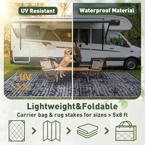 MontVoo Outdoor Rug Waterproof-Patio Rug Mat 5x8 Outdoor RV Camping Picnic Beach Mat Plastic Straw Rugs Outside Outdoor Area Rugs for Balcony Deck Backyard Navy Blue - Image 4