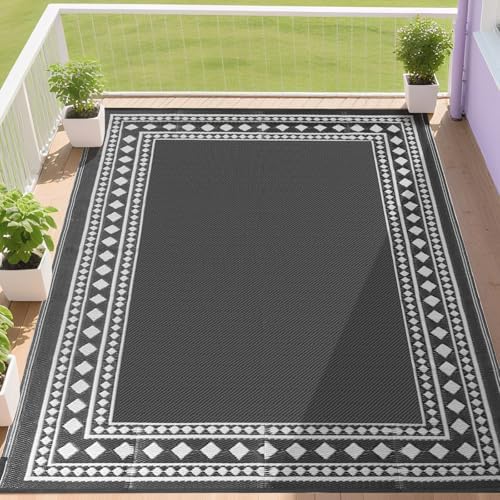 RURALITY Outdoor Rugs 6x9 Waterproof for Patios Clearance,Plastic Straw Mats for Backyard,Porch,Deck,Balcony,Grey and White by RURALITY