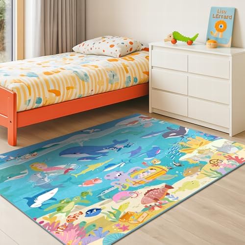 4x6 Ocean Rug for Kids Playroom – Sea Life Learning Carpet with Mermaid, Submarine & Whales, Soft Washable Stain Resistant Playful Area Rug for Kids, Educational Underwater Theme Carpet - Image 3