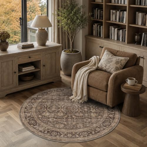 JOOJA 3x3 Dark Brown Vintage Low Pile Washable Boho Small Round Kitchen Rug by JOOJA