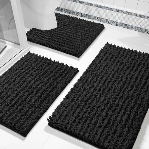 Yimobra Black Bathroom Rug Set 3 Piece, Super Water Absorbent Bath Mat Set by Yimobra