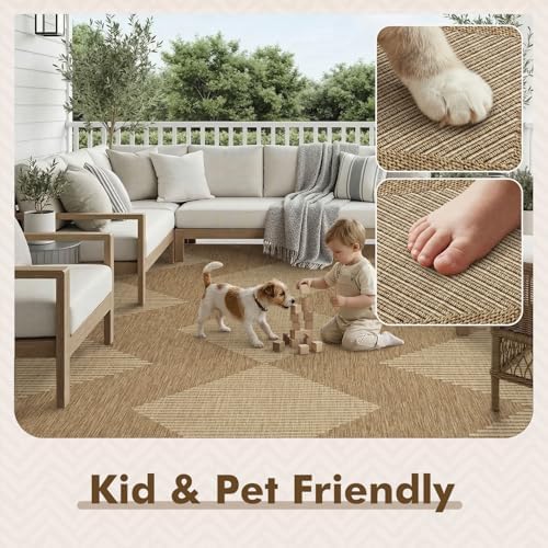 MontVoo-Outdoor Rug-Patio Rug 9x12 Polypropylene Indoor Outdoor Rug Outdoor Carpet for Patio Deck Balcony Porch, Textured Weave, Durable for High Traffic, Fade-Resistant, Boho Geometric Neutral Brown - Image 6