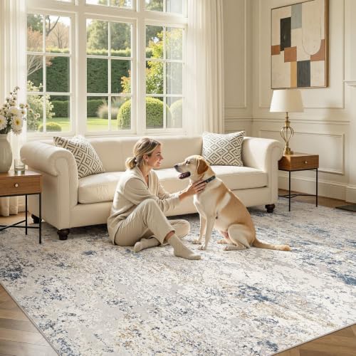 DMOYEST Area Rug Living Room Rugs 9x13 Washable Abstract Beige Blue Carpet - Image 4