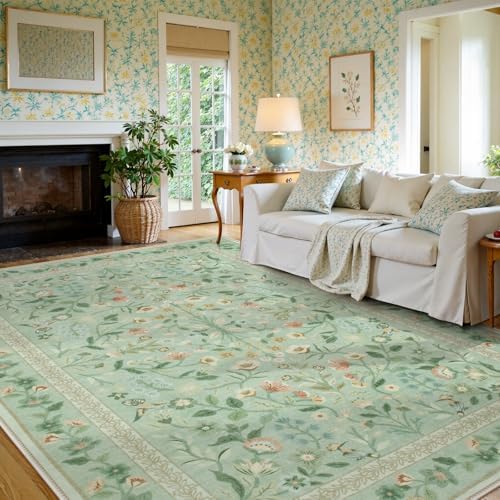 Lahome Floral Washable Area Rugs 8x10, Non-Slip Living Room Carpet Soft Tumble Washable Rugs for Bedroom Nursery, Vintage Botanical Print Carpet for Classroom Kids Room Dining Room, Sage - Image 3