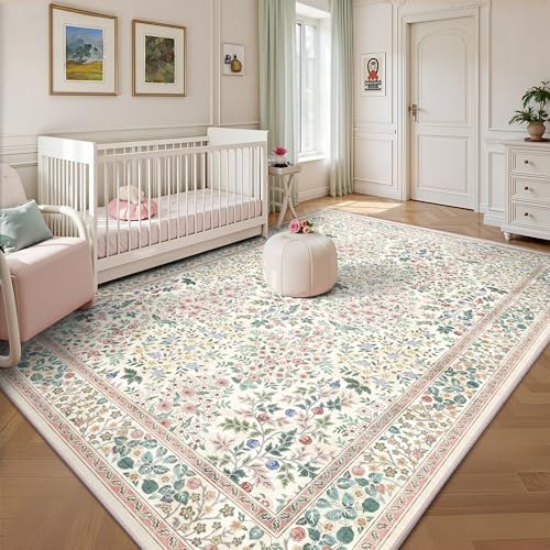 6x9 Area Rugs, Machine Washable Low Pile Floral Rugs for Living Room, Bedroom, Large Boho Area Rug with Non-Slip Backing for Dining Room(Pink Floral) - Image 4