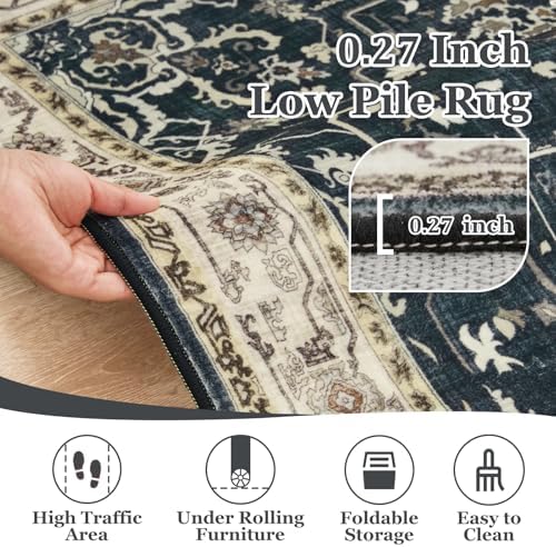 Vintage Distressed 8x10 Rugs for Living Room Bedroom, Washable Non Slip Dining Room Rugs for Under Table, Low Pile Thin Soft Carpet Farmhouse Dark Medallion Printed, Midnight/Multi - Image 6