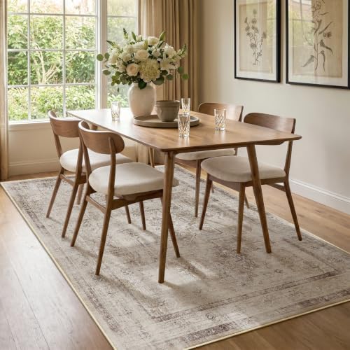 Neutral Oatmeal Living Room Rug 6x9, Washable Non Slip Rug for Dining Room, Low Pile Thin Modern Farmhouse Carpet Rugs for Den Bedrom Home Office, Vintage Distressed Medallion - Image 3