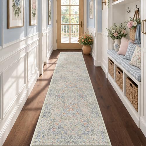 Hazo Haus Washable Beige Blue 2x10 Runner Rug for Hallway Kitchen Mudroom, Non-Slip Stain Resistant Extra Long Floor Mat 10 ft - Vintage Floral Aethestic Decor by HazoHaus