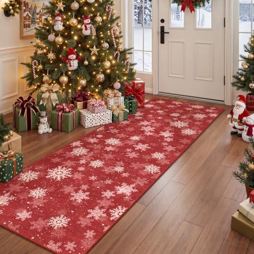 2x6 Runner Rug Non Slip for Entrance, Washable Christmas Kitchen Rugs, Ultra-Thin Snowflake Bathroom Rug Runner, Soft Red and White Christmas Decor Indoor(2'x6', Red/White) by Restydon