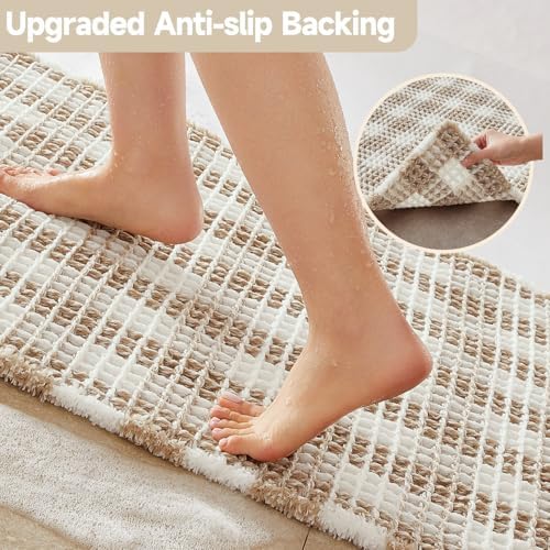 TYUU Waffle Bath Mat, Boho Bathroom Rugs Non Slip, 48x24 Khaki & White - Image 4