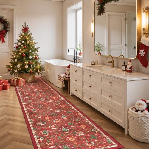 Madane Christmas Runner Rugs for Hallway 2x10, Red Washable Kitchen Rug - Image 2