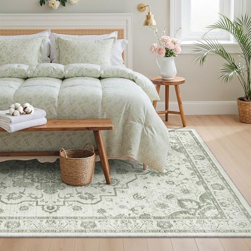 Madane 6x9 Area Rugs for Living Room, Washable Vintage Soft Rug Green/Ivory - Image 2