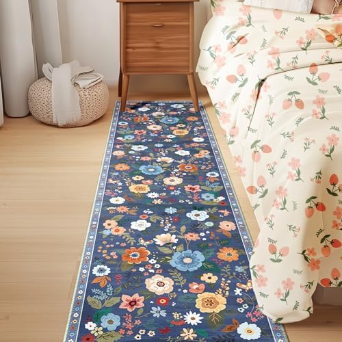 Floral Washable 2x8 Area Rugs Runner Entryway Hallway Blue/Grey - Image 6