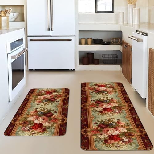 Retro Farmhouse Spring Floral Kitchen Rugs Sets of 2 Non Slip Washable, Country Vintage Flower Summer Spring Floral Kitchen Mats for Floor 2 Piece Home Decor - Image 2