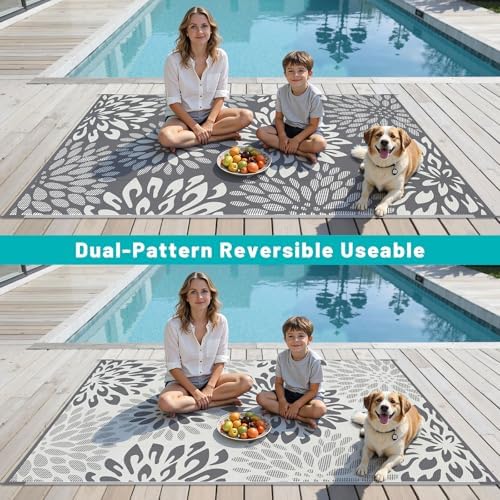 HEBE Waterproof Outdoor Rug 5'x8', Floral Reversible Plastic Patio Rug - Image 6