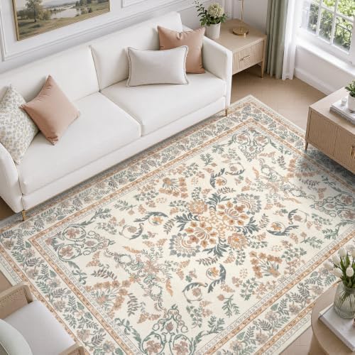DCX Orange and Beige Washable 5x7 Rug for Living Room by DCXWashableRug