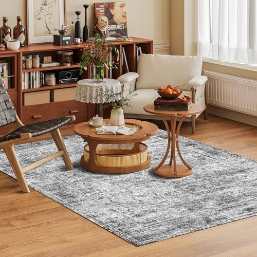 Washable Area Rug 5' x 7' Vintage Traditional Persian Mat - Foldable Distressed Non-Slip Machine Washable Carpet for Living Room Bedroom Kitchen Home Decor - Graphite and Mist - Image 2