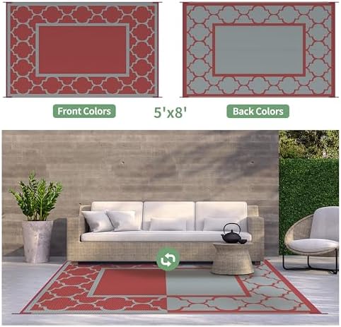 GENIMO Outdoor Rug, Waterproof Plastic Rugs for Patio, 5'x8' Red Grey - Image 5